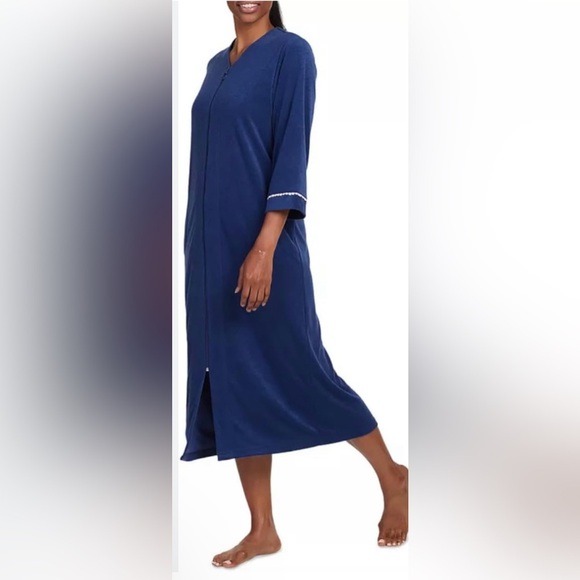 NWT Miss Elaine Women's Smalls Terry Knit Long Zip Robe Navy $94 - Picture 2 of 5